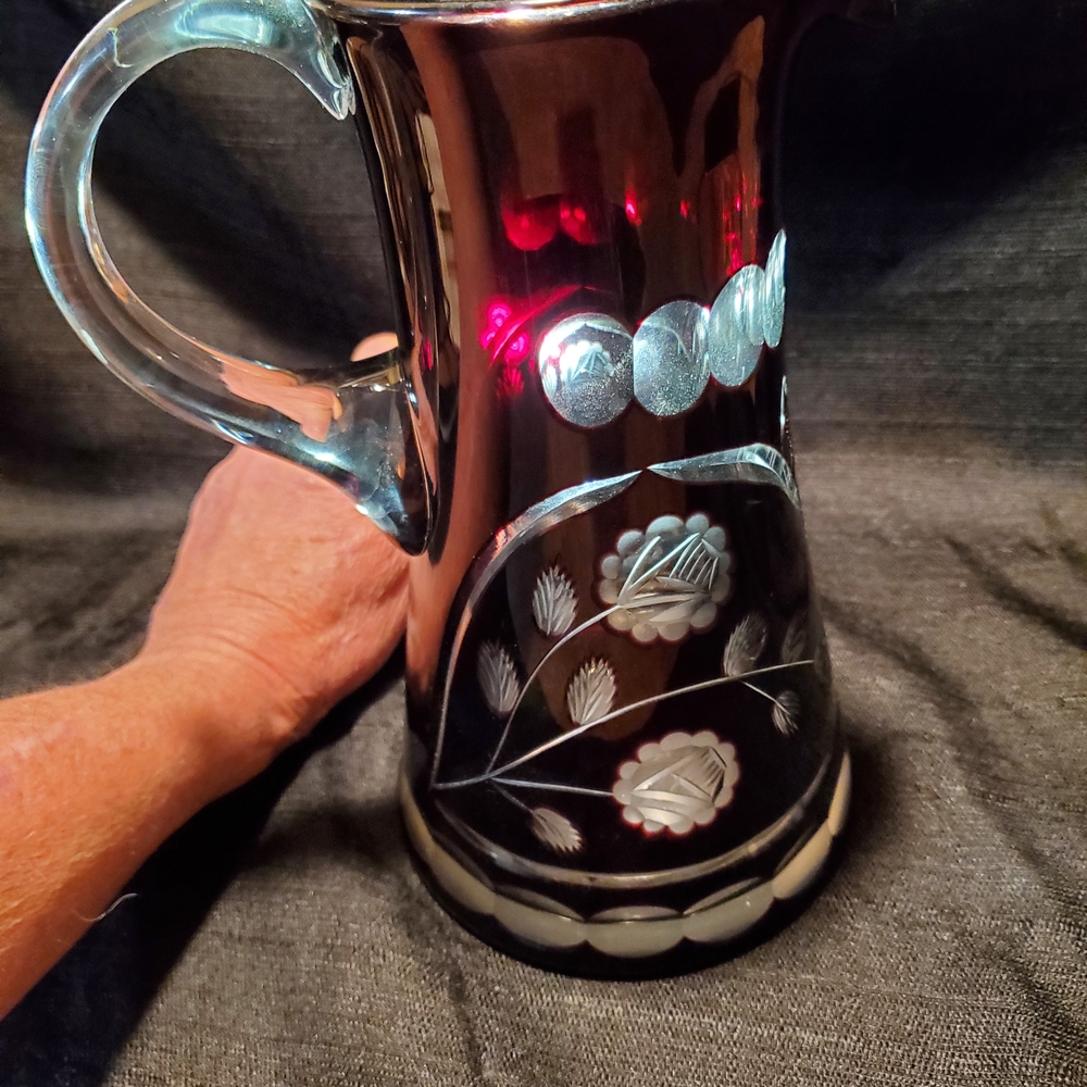 vintage Bohemian ruby red cut-to-clear crystal pitcher,